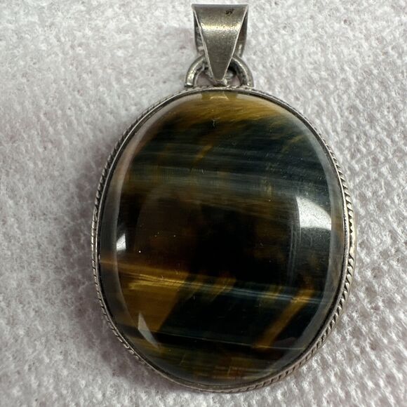 Tiger Eye Large Pendant Necklace Sterling Silver - Picture 1 of 12